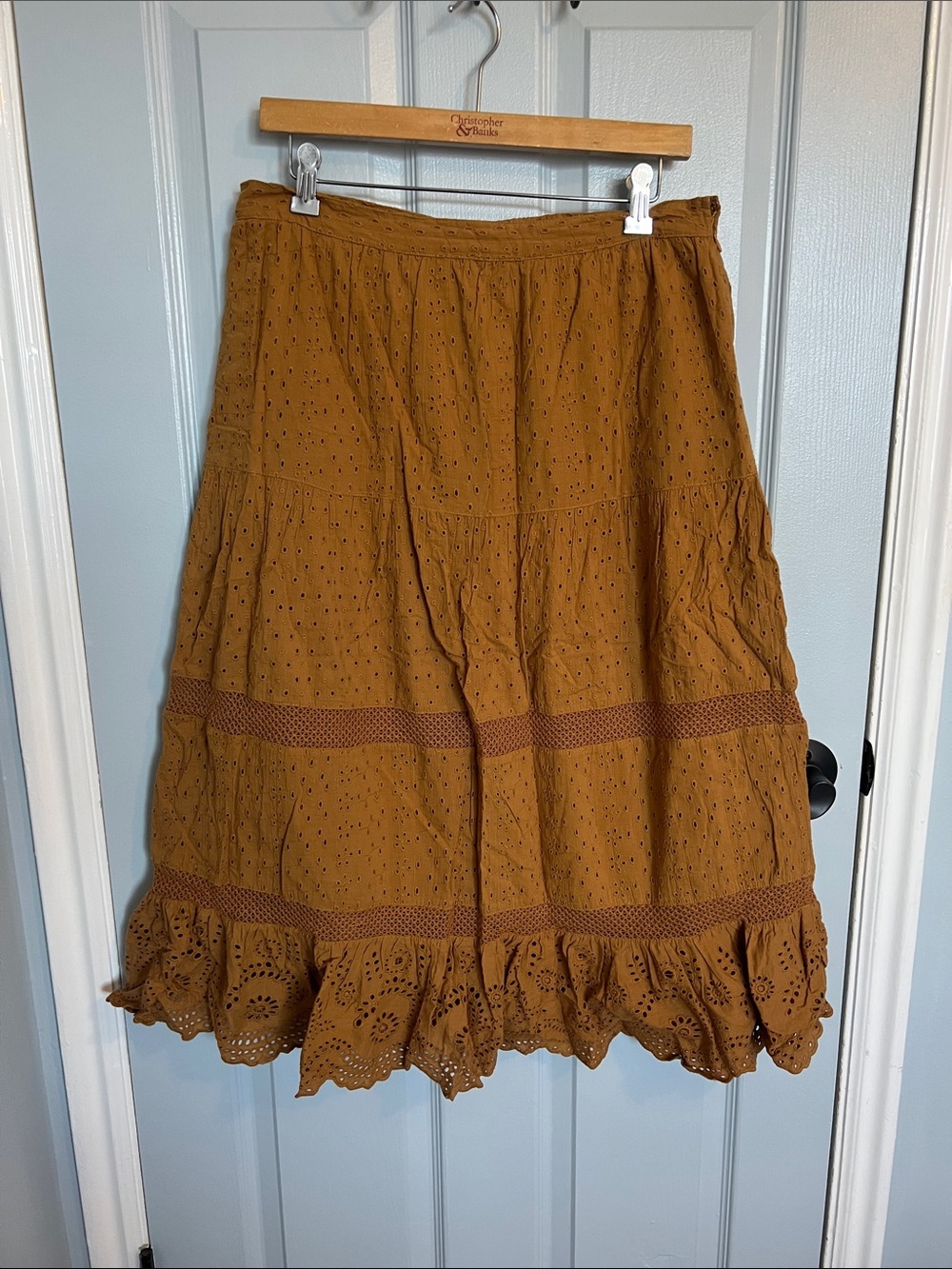 Women's Eyelet Tiered Midi Skirt in Mustard